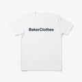 White t-shirt with BakerClothes brand print on the chest