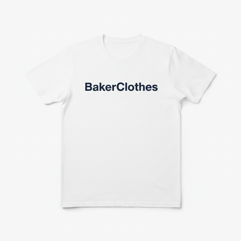 White t-shirt with BakerClothes brand print on the chest