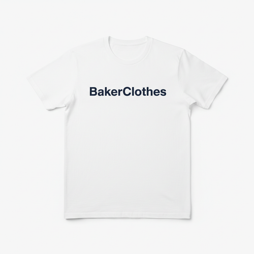 White t-shirt with BakerClothes brand print on the chest